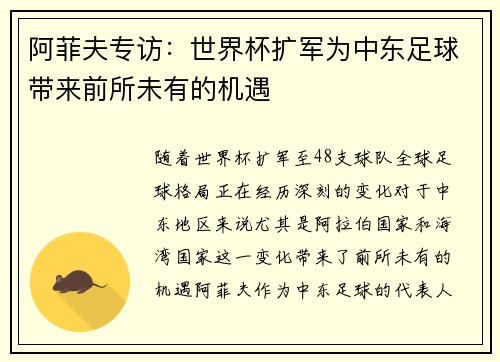 阿菲夫专访：世界杯扩军为中东足球带来前所未有的机遇